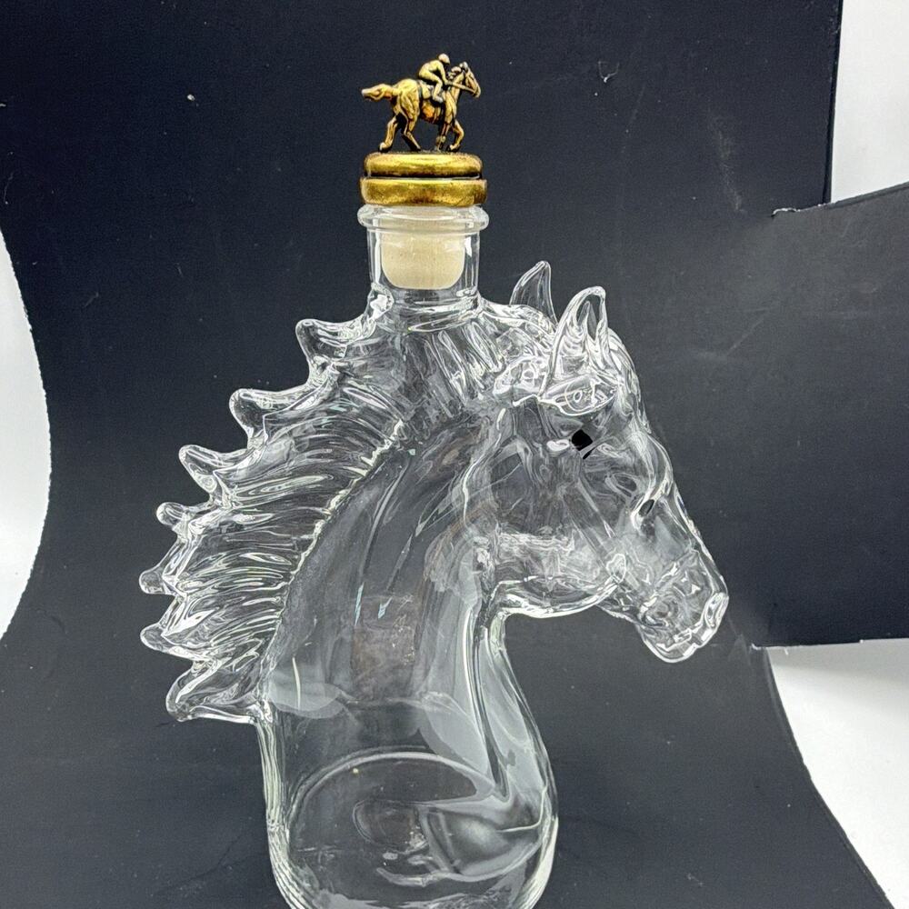 Horse Head Clear Glass Decanter 1L with Gold Jockey Lid/Stopper Novelty